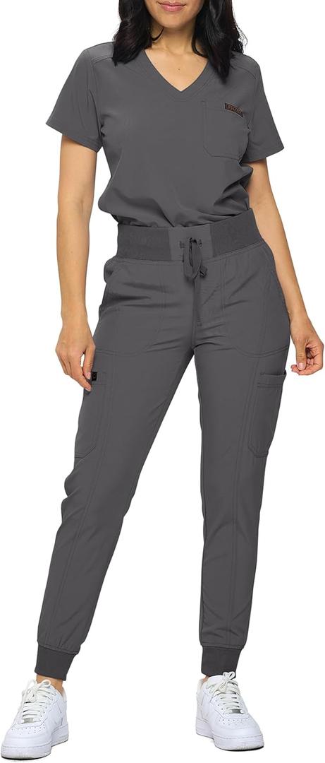 Slim Fit Stretchy Scrubs Women's Jogger Scrub Set Slim Jogger Scrubs with Tuck-In Top for Women (Large, Charcoal)