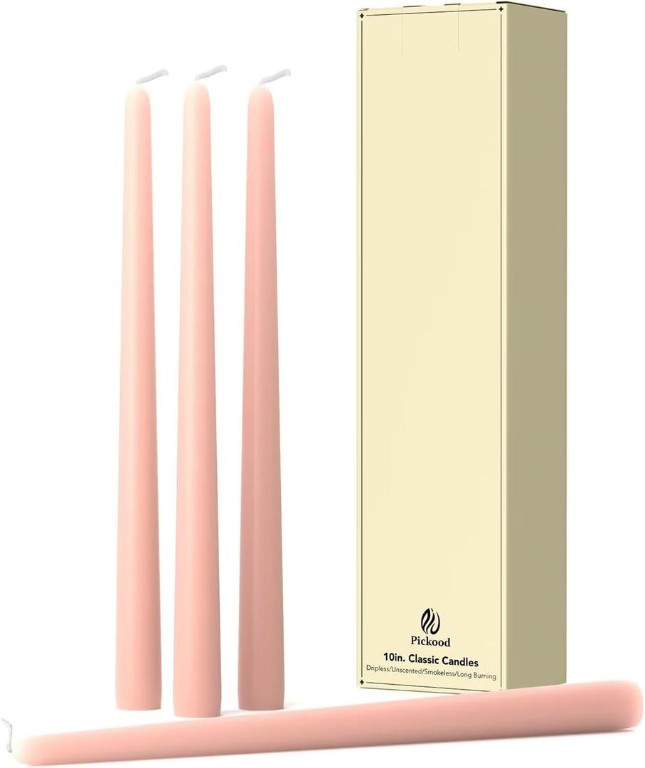 Pickood 10-Inch Tall Dripless Taper Candles Set of 4 - Pearl Pink Tapered Candles, Perfect for Christmas - Smokeless, Unscented, Long Burning - Hand Poured, Colored Tall Candlesticks - Rosa Perla