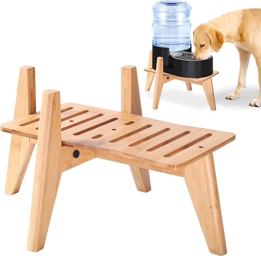 Dog Water Bowl Dispenser Stand - Elevate/Raise Automatic Dog Feeder, Food/Water Dispensers - Adjustable, Fits Various Shapes and Sizes - Natural Bamboo