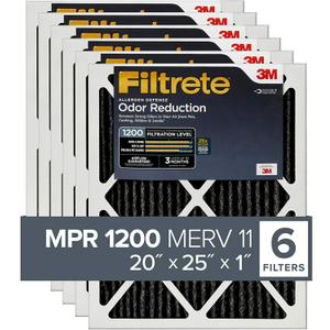 Filtrete 20x25x1 Air Filter, MPR 1200, MERV 11, Allergen Defense Odor Reduction 3-Month Pleated 1-Inch Air Filters, 6 Filters