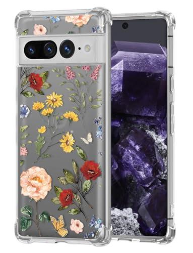 Buleens for Google Pixel 7 Pro Case - Clear Flexible TPU Women Girls Cute Protection Phone Cover Slim Fit Shockproof Girly Unique Fashion Design Pattern for Pixel Pro 7 Case, Floral