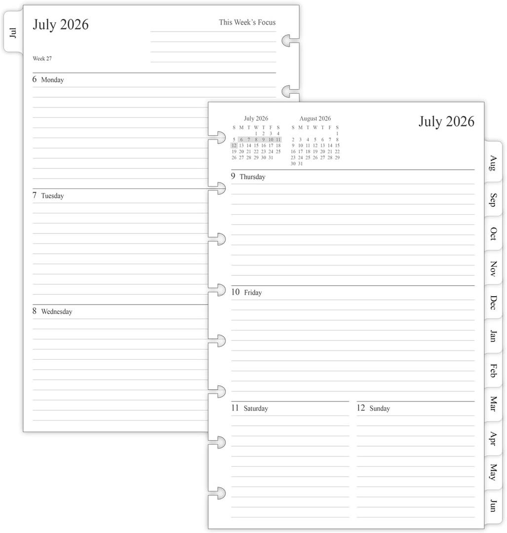 2026-2027 Weekly & Monthly Planner Refills for 8-Discbound Planners, July 2026 to June 2027, Junior Size, 5-1/2"x8-1/2"