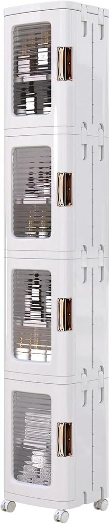 VECELO 4-Tier Plastic Tall Narrow Storage Cabinet with Movable Wheels, Adjustable Shelves, Magnetic Doors, Slim Bathroom Organizers and Storage for Small Space, Bathroom, Kitchen, Laundry, White (9.6 x 11.2 x 65.4 In(LxWxH))