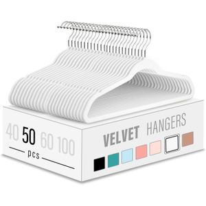 Velvet Clothes Hangers 50 Pack, Non-Slip Slim White Suit Hanger Space Saving Luxury Velvet Hangers for Wardrobe, Student Dorms, Home Organization (17.7inch-50pack)