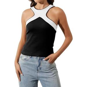 ACCPUR Women Color Block Cut Out Criss Cross Halter Tank Y2k Summer Sexy Sleeveless Backless Cami Shirt Tops, Large