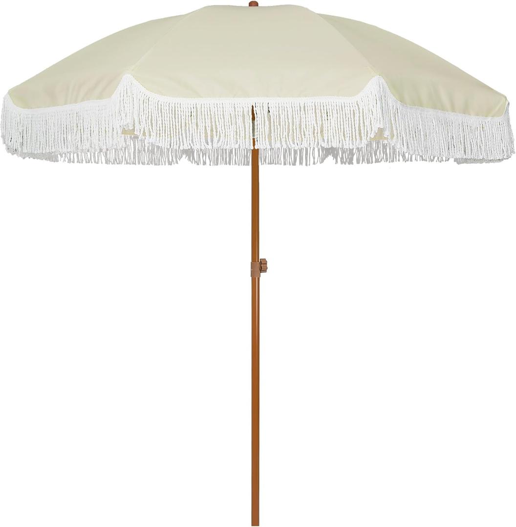 6.5ft Patio Umbrella with Fringe Outdoor Tassel Umbrella UPF50+ Premium Steel Pole and Ribs Push Button Tilt, Light Beige