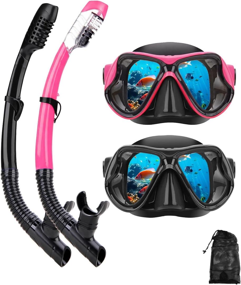 Snorkeling Gear for Adults Kids, Dry-Top Snorkel Mask Set, Anti-Fog Scuba Diving Snorkle mask Set Adult Youth, Panoramic Wide View Dive mask, Adjustable Swimming Diving Snorkeling Packages (Black+Pink2 Pack)