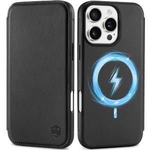 SHIELDON Slim Wallet Case for iPhone 16 Pro Max 6.9", Genuine Leather Wireless Charging Magnetic Closure RFID Blocking Card Slots Shockproof Cover Compatible with iPhone 16 Pro Max 5G - Black