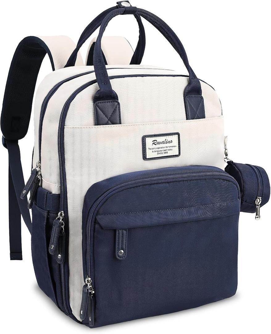 RUVALINO Diaper Bag Backpack-Multifunction Baby Travel Bag with Changing pad, Insulated Bottle Holders & Pacifier Case, Large Capacity, Waterproof, Cream & Blue