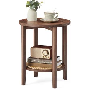 VASAGLE Round Side End Table, 2-Tier Boho Bedside Table with Rattan-Look Storage Shelf, Nightstand for Small Spaces, for Living Room, Bedroom, Home Office, Black Walnut ULET296K01 (15.8"Dia. x 21.9"H)