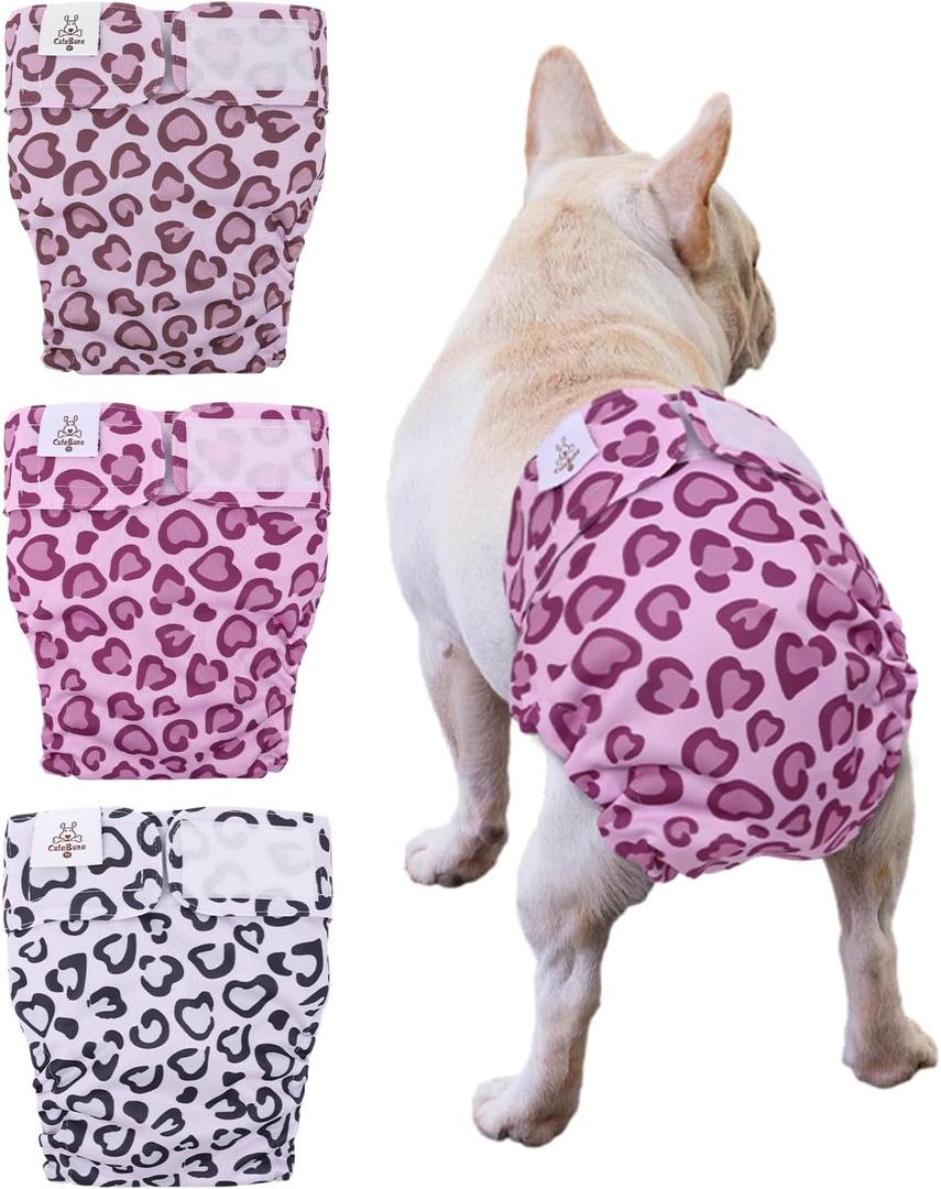 CuteBone Washable Dog Diapers Female No Tail Hole 3 Pack Reusable Doggie Period Training Pants for Docked-Tail Frenchie French Bulldog Boston Terrier Without Tail WWD18M