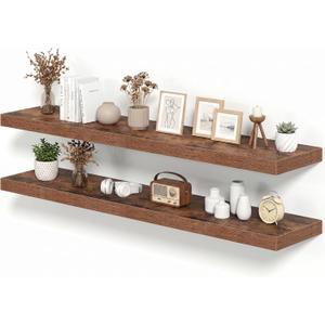 12 Inch Deep Floating Shelves Brown, 55 Inch Long, 2" Thick Floating Shelves for Wall, Hidden Bracket, Scratch-Resistant Wood Grain for Bedroom Bathroom Kitchen, Coffee Bar, Bookshelf, 55"x 11.6"-Pack of 2