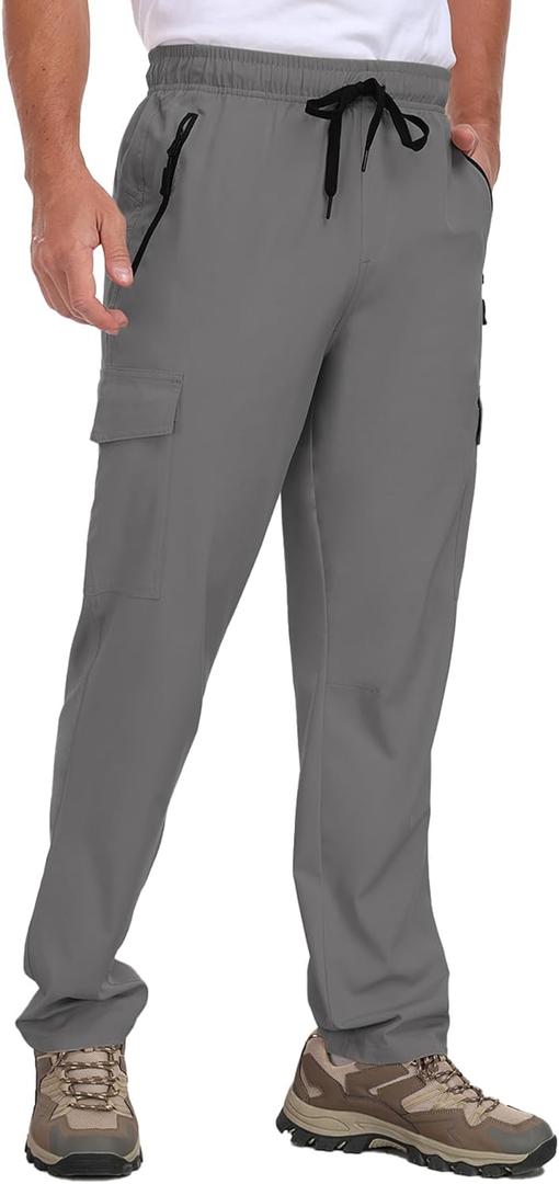 Men's Hiking Pants UPF 50+ Cargo Quick Dry Water Resistant Elastic Waist Zip Pockets Travel Work Lightweight Running (Dark Gray)