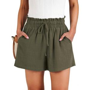 NILOINE Womens Summer 2025 High Rise Drawstring Shorts Elastic Waist Solid Color Lightweight Beach Shorts Cute Wide Leg Short Pants with Pockets(1-Army Green,X-Large)