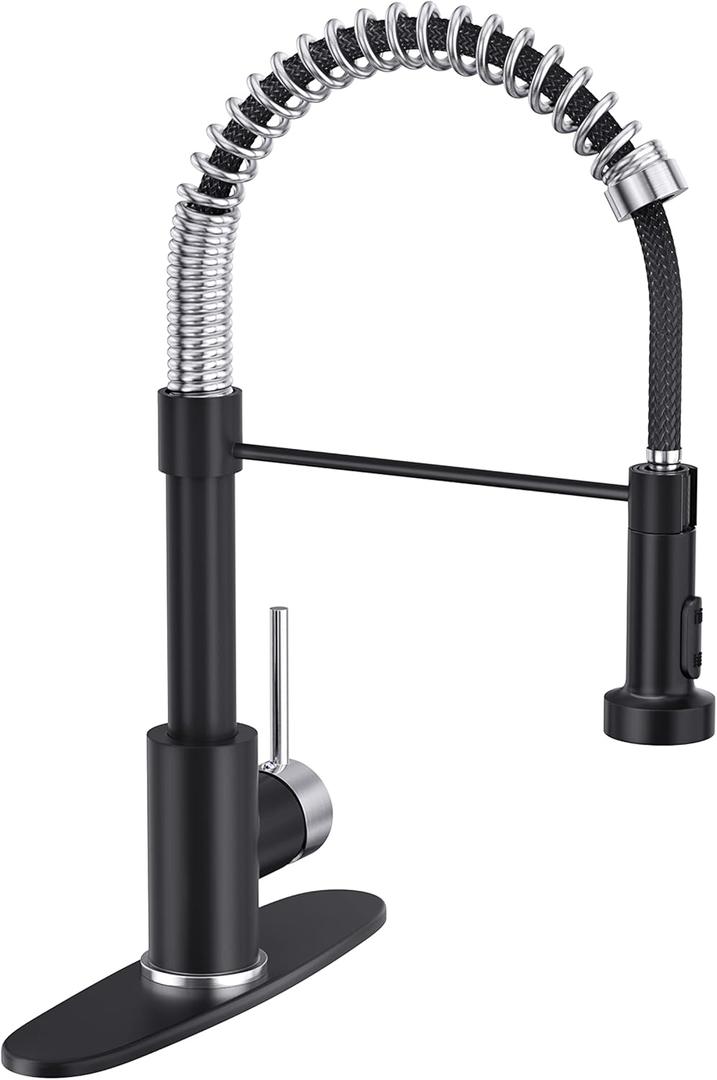 Kitchen Faucets with Pull Down Sprayer, Black&Brushed Nickel Spring Commercial Kitchen Sink Faucet Solid Brass with 10 Inch Mounting Table 1 Hole Or 3 Hole Compatible