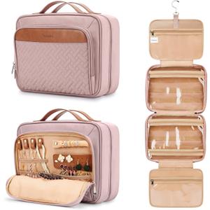 Travel Hanging Toiletry Bag for Women, Extra Large Makeup Bag, Holds Full-Size Shampoo, with Jewelry Organizer Compartment, Waterproof Cosmetic Bag, Toiletries Kit Set with Trolley Belt, Baby Pink (EXP 07/08/26)