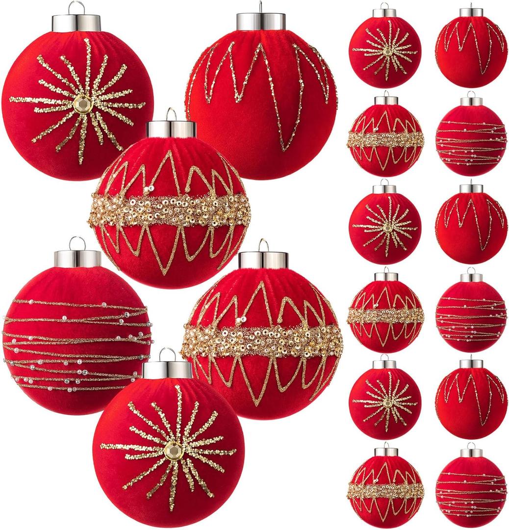 12 Pcs Red Velvet Christmas Ornaments 80mm/ 3.2 Inches Large Neutral Flocked Ball Hanging Ornament Xmas Balls Set for Christmas Tree Decorations Party Hanging Decor