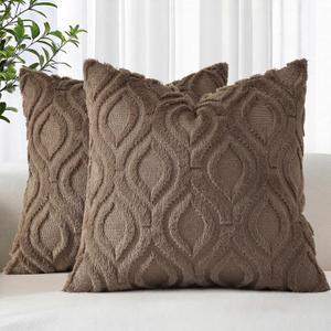 decorUhome Throw Pillow Covers 24x24 Inch Set of 2, Soft Plush Faux Wool Brown Solid Couch Pillow Covers, Accent Euro Sham Farmhouse Neutral Square Pillow Cases for Sofa Bed Living Room
