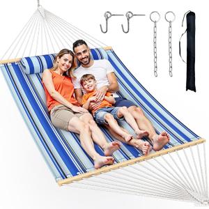 Double Hammock with Spreader Bar, Soft Pillow, Max Load 500lbs,Portable Hammock for Outdoor, Camping, and Backyard, Aqua Blue