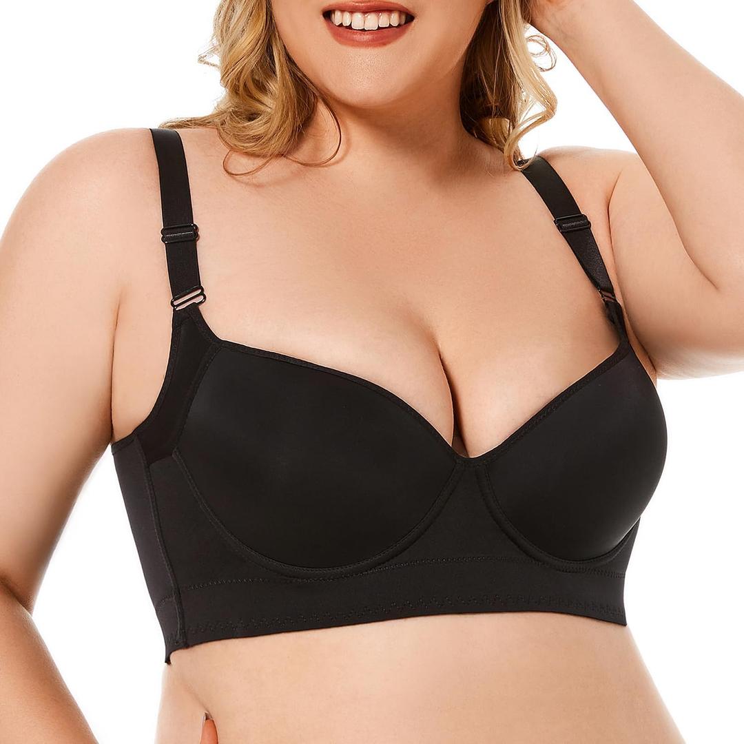 Women's Plus Size Bra Seamless Deep V Support Soft Underwire Push-up Bras Adjustable Straps Bralette (Black) 50B