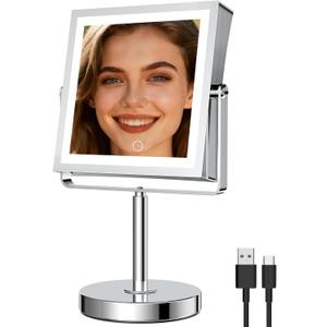 JIONIESIM Series 1X/10X Makeup Mirror with Lights, Double Sides Lighted Magnifying Mirror with 3 Colors, Height & Brightness Adjustable, Rechargeable 4000mAh Vanity Mirror (Chrome)