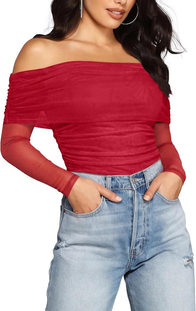 SAUNGKUAI Women's Off The Shoulder Long Sleeve Bodysuit Sexy Slimming Body Suit Tops Sheer Mesh Ruched Fall Outfits 2026 M