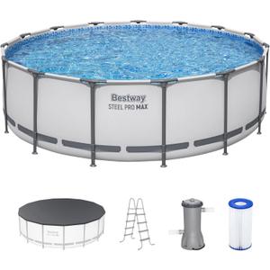 Bestway Steel Pro MAX 15' x 48" Above Ground Pool, Round Metal Frame Outdoor Swimming Pool Set with Filter Pump, Ladder, and Cover, Gray