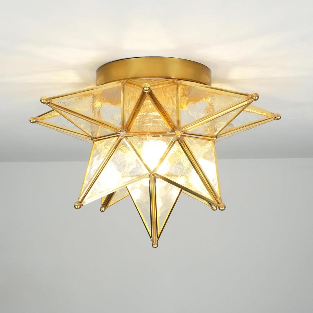 Moravian Star Ceiling Light, Moroccan Flush Mount Ceiling Lighting with Seeded Glass Shade, Elegant Star Light for Hall Entryway Hallway, Mini Less Than 13in