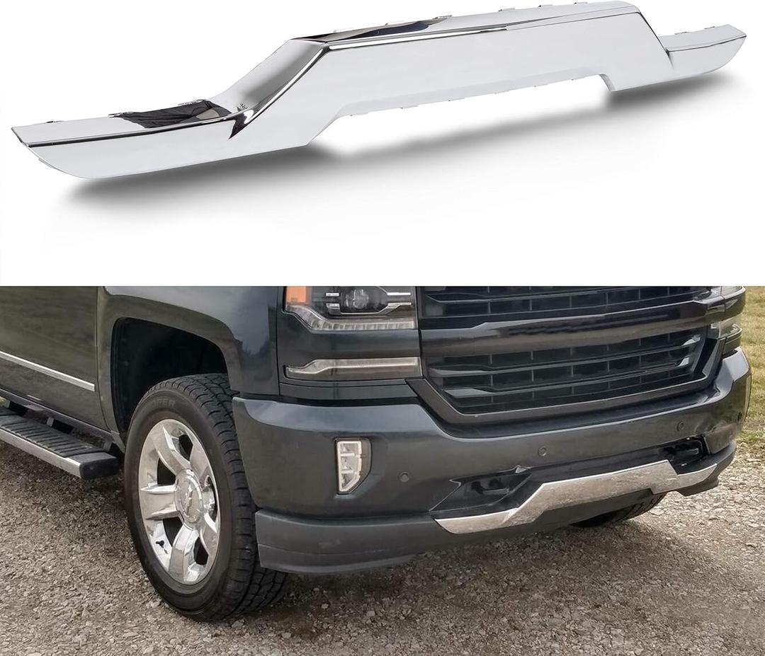 ECOTRIC Front Bumper Skid Plate Compatible with 2016-2019 Chevy Chevrolet Silverado 1500 Replacement For 23243083 GM1044128 Lower Valance Panel Cover Face Impact Bar Chrome