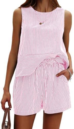 EXLURA Women's Summer 2 Piece Outfits Sleeveless Tank Top Matching Shorts Sets Cotton Striped Sweatsuits Vacation Beach 2025 XL