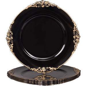 MAONAME Black Charger Plates with Gold Rim, Round Antique Plate Chargers for Dinner Plates, 13" Plastic Charger for Wedding Table Setting, Set of 6
