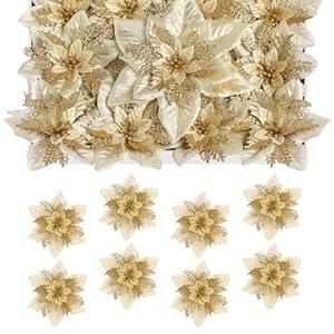 Alupssuc 24PCS 6"& 9" Champagne Gold Artificial Poinsettia Christmas Flowers, Glitter Faux Ornaments for Xmas Tree Wreath Garlands New Year Home Decor, Champagne Gold