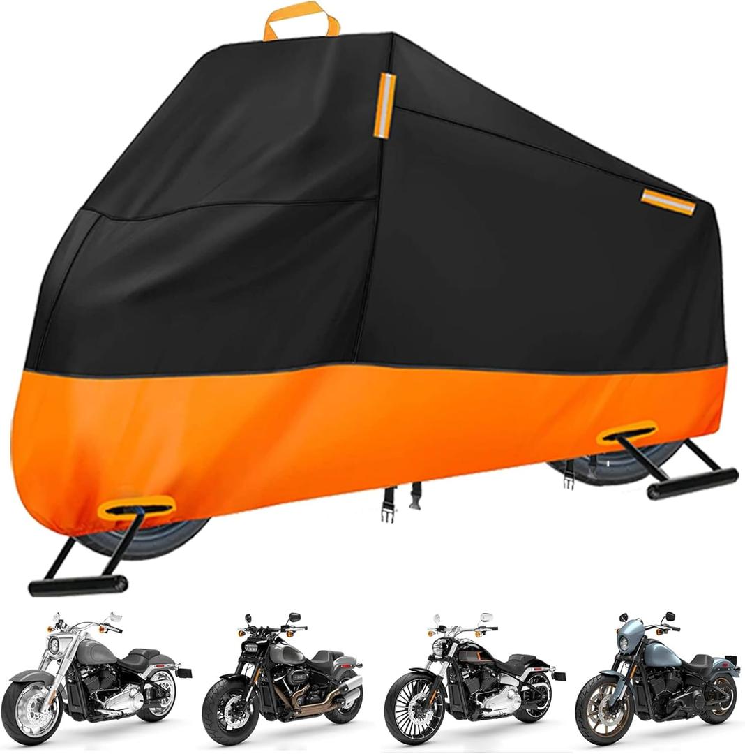 Motorcycle Cover Waterproof Outdoor, 300D Heavy Duty Motorcycle Cover for Harley Davidson Sportster 1200 883 Fat Boy 114 Street Bob, All Seasons Protection Scooter Cover Fits up to 96"