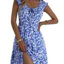 TORARY Women Cute Cap Sleeve Tie Scoop Neck Spring Summer Beach Vacation Boho Dresses 2025 Mini Sundress with Pockets,Blue Floral, S