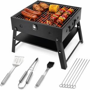 Portable BBQ Charcoal Camping Grill: Tabletop Folding Barbecue Grills with Stainless Steel BBQ Grilling Tool Set, Fathers Day Birthday Grilling Gift for Men Dad Husband