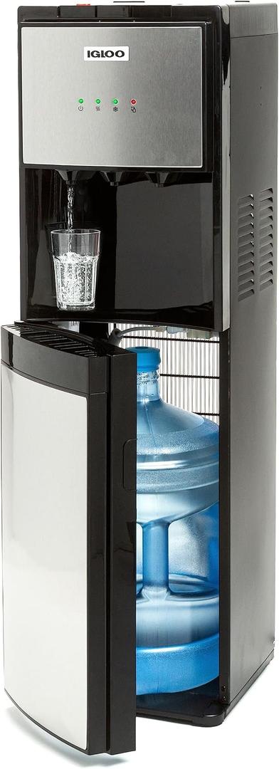 Igloo Bottom-Loading Water Dispenser – Water Cooler Dispenser with Hot, Cold & Temperature Settings- Electric Water Dispenser Fits 3- & 5-Gallon Jugs with Child Safety Lock Office Use– Black Stainless