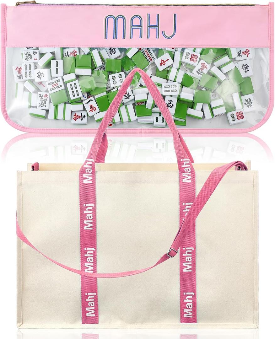 2 Pcs Embroidered Mahjong Canvas Tote Bags Large Empty Mah-Jong Tile Bag Mahjong Lover Accessories, Overnight Carryall (Stylish,Pink)