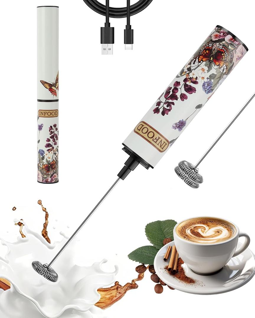 INFOOD Rechargeable Milk Frother with Cover, 2-Speed, 2 Whisks, Floral | Stainless Steel Body and 2 Detachable Whisks, Floral Design, for Lattes, Cappuccinos, Hot Chocolate, and Egg Whites