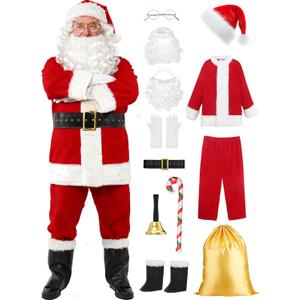 Forfamy Santa Suit Adults Men Christmas Santa Claus Costume for Men Deluxe Fancy Cosplay Outfit Santa Hat Beard Sack