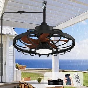 BvenuBigLite Outdoor Ceiling Fan with Lights: 20" Waterproof Plug-in Ceiling Fan with Remote Control Smart App - Gazebo Caged Hanging Fans for Patios Porch Pergola 6 Speeds Reversible - Walnut