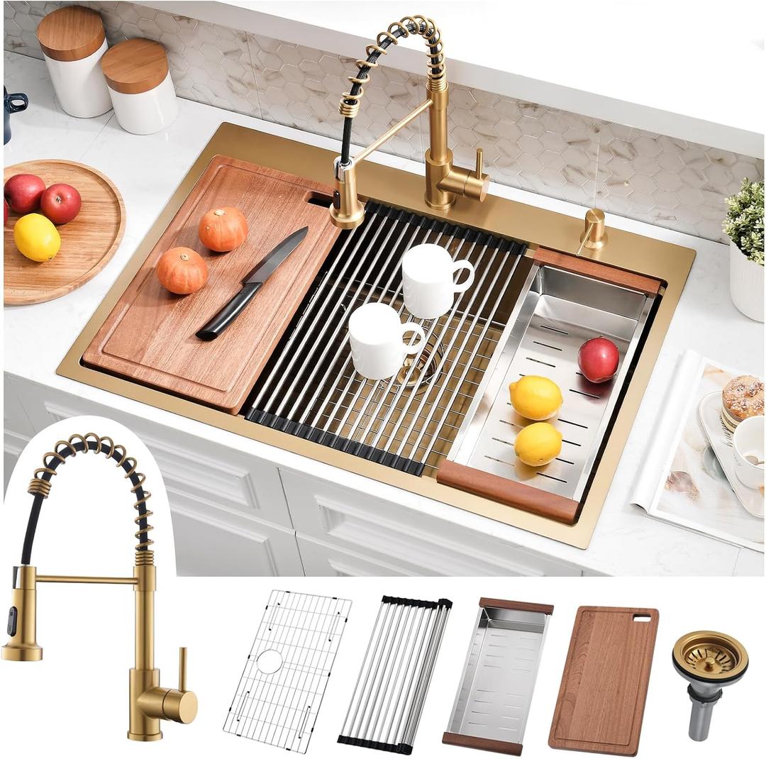 33x22 Drop in Kitchen Sink with Faucet - Gold Single Bowl, 33x22x10 Inch