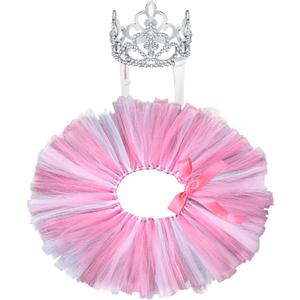 2 Pcs Dog Crown Headband Dog Tutu Dress Set Crystal Rhinestone Tiara Crown Tutu Skirt Pet Dress Costume for Puppy Birthday Party Wedding Photo Prop Costume(X-Large,Rose Red, White)