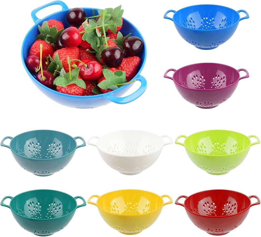 8 Pcs Mini Colander for Kitchen, Colored Plastic Strainer Small Fruit Strainer Bowl with Double Handles, Durable Berry Colanders Food Strainers for Fruits Vegetable Pasta Kitchen