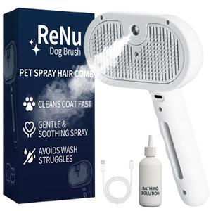 Fresh Fur Shower Brush, 3 In 1 Self Cleaning Pet Spray Hair Removal Comb, Pet Steamy Shower Brush + Bathing Solution, Removes Loose Hair & Reduces Shedding, for Long & Short Haired Pets (White)