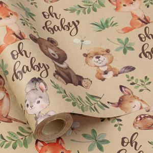 RUSPEPA Jungle Animal Wrapping Paper Roll, Mini Roll, Woodland Animal Design with Oh Baby Text Design Kraft Gift Wrap for Baby Shower, Newborn Gifts and Gender Reveal, 17 Inches x 9.8 Feet
