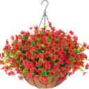 HyeFlora Artificial Fake Hanging Red Plants Flowers Basket for Outdoor, Faux Silk Daisy Mums Look Real UV Resistant for Outside Porch Home Patio Garden Yard Decoration