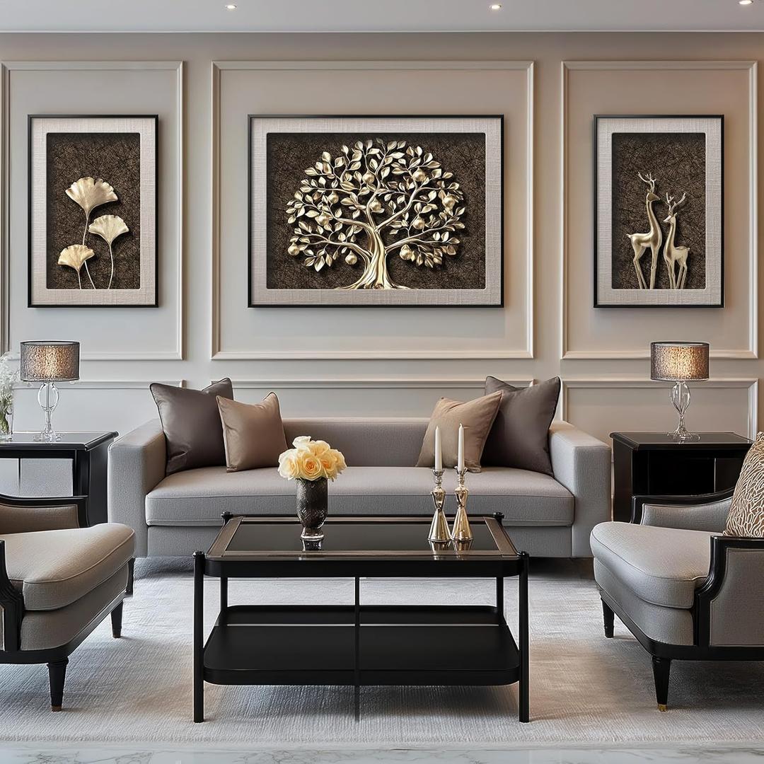 Framed Gold Tree of Life Wall Art for Living Room, 3 Piece Modern Botanical Ginkgo Leaf Painting Prints, Extra Large Deer Canvas Artwork for Dining Room Bedroom Hallway Office Wall Decor, 20x30 Inch (Warm Color)