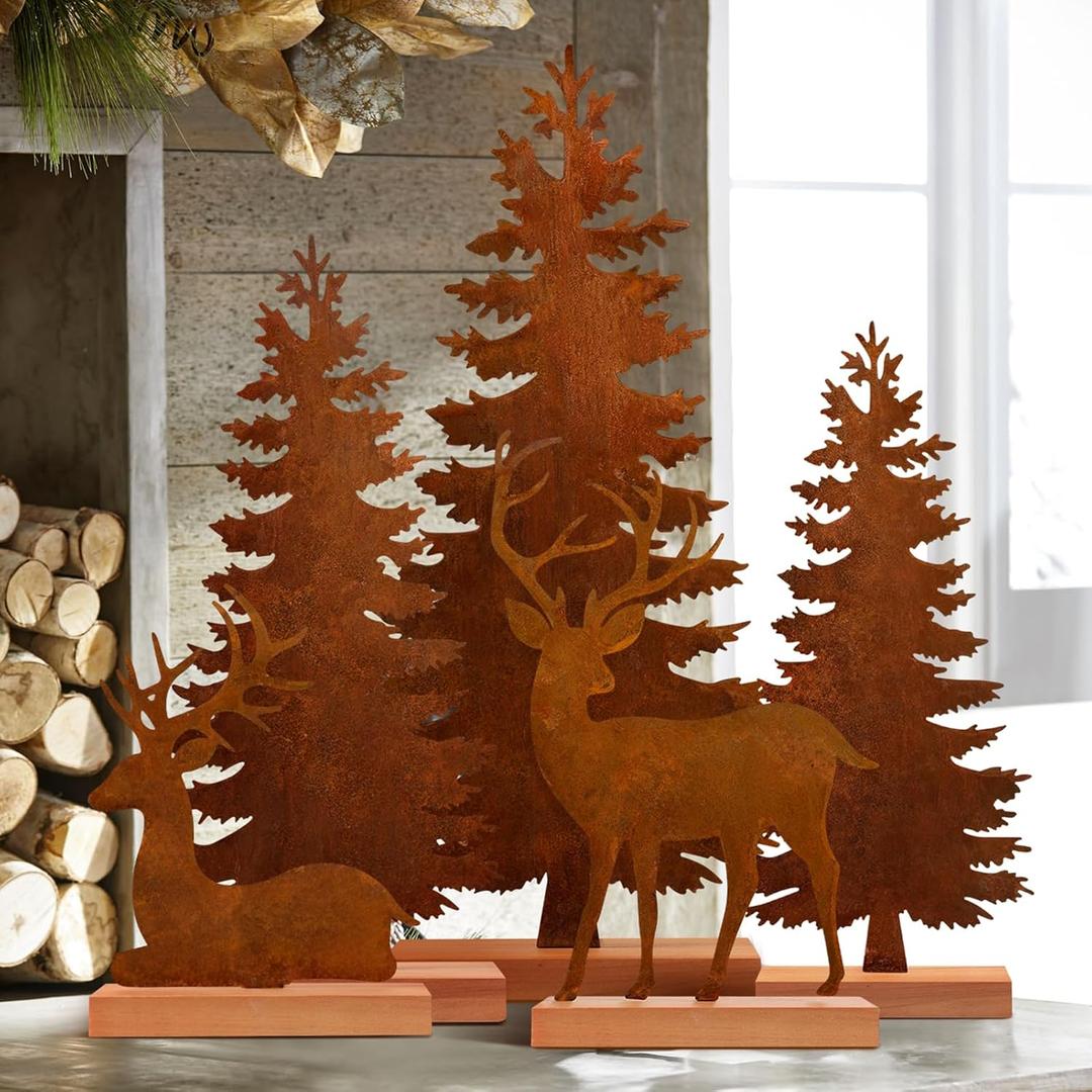 KPX Set of 5 Metal Christmas Tree and Deer Tabletop Decor, Rusty Steel Vintage Evergreen Pine Tree Table Centerpieces - Farmhouse Elk Xmas Holiday Decoration for Room Fireplace Shelf