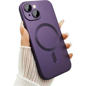 Magnetic for iPhone 14 Phone Case for Women/Men, Shockproof Matte Luxury Soft Metallic Luster Design with Camera Lens Protector, Compatible with Magsafe Case for iPhone 14 6.1"-Purple