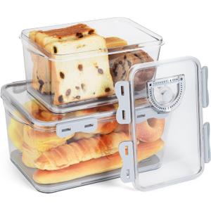 OTraki Bread Storage Container 2 Pcs Bread Boxs for Kitchen Counter Bread Saver Container Airtight Homemade Bread Loaf Storage Time Recording for Fresh Bread, Toast and Cookies, Grey